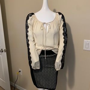 FifteenTwenty Ivory long-sleeve blouse 3”lace inset to sleeve gathered tie neck